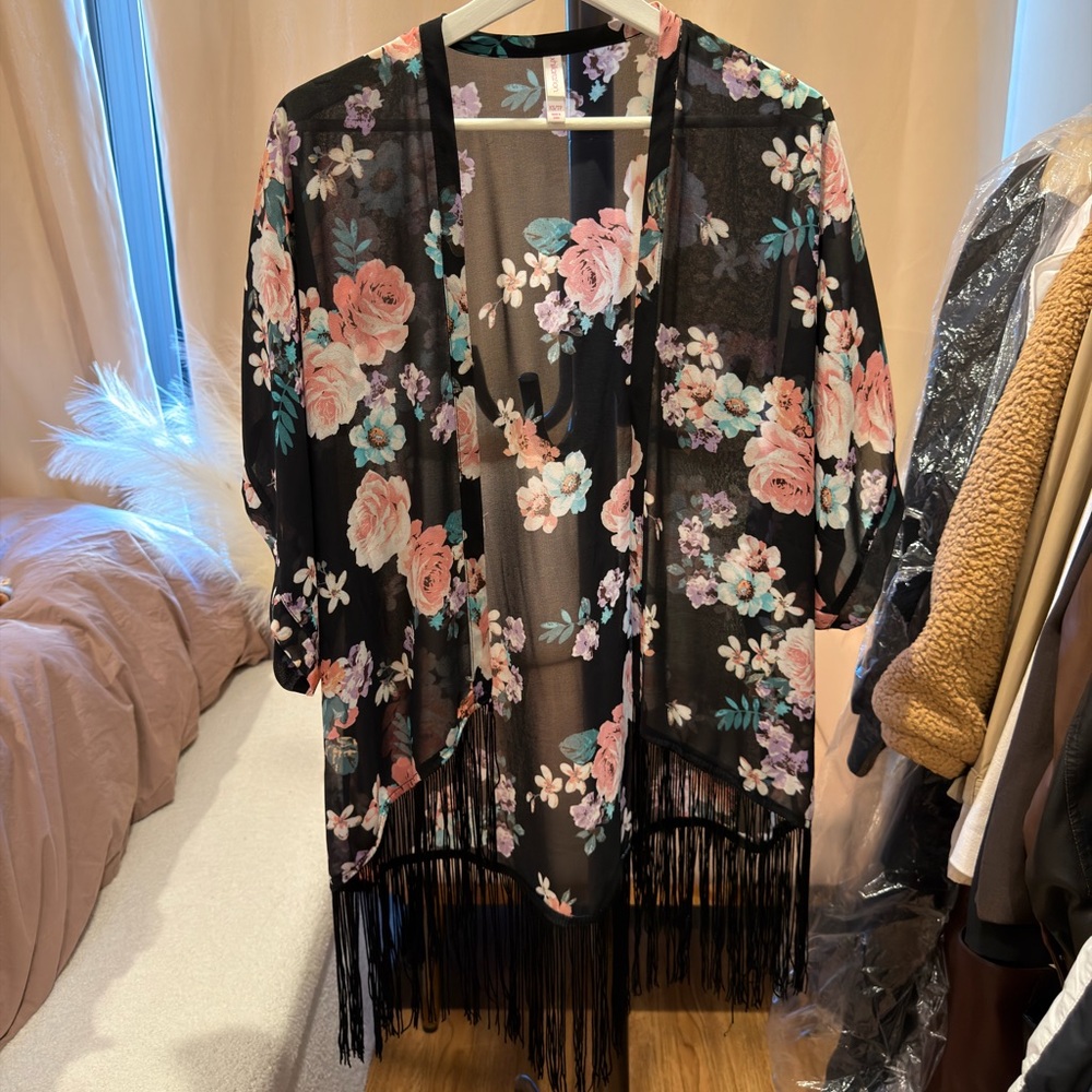 Floral Kimono with Fringe